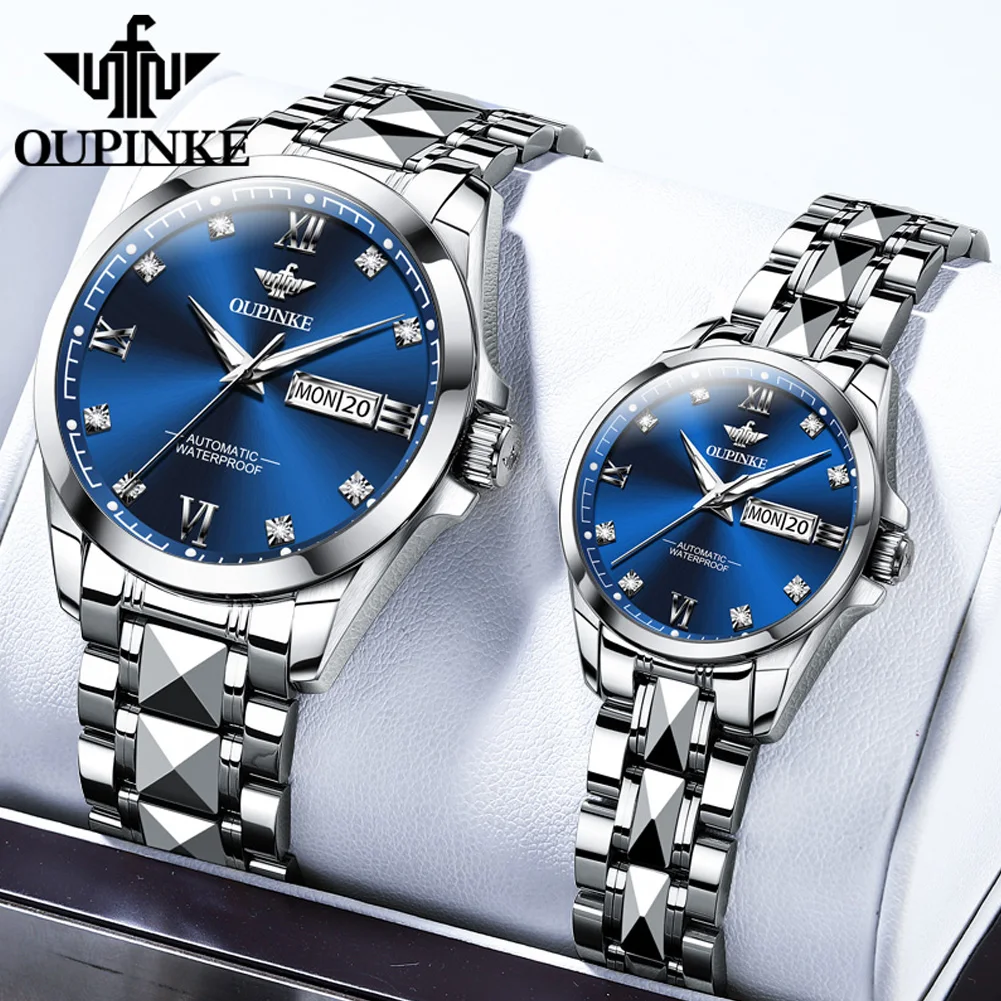 OUPINKE Diamond Couple Watch Classic Luxury Automatic Mechanical Wrist Watch Gifts For Women Wterproof Tungsten Steel Strap 3262