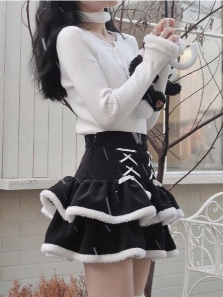 جديد الشتاء Y2k اليابانية لوليتا التنانير النساء خمر تصميم أسود أبيض عالية الخصر التنانير الصغيرة Harajuku شيك ضمادة التنانير الحفلات #6