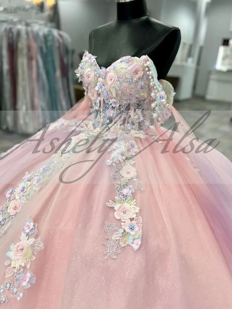 Real Pictire-vestido De baile rosa para mujer, ropa De baile, hombros descubiertos, apliques De perlas, falda hinchada grande, 15 Quinceañera 16