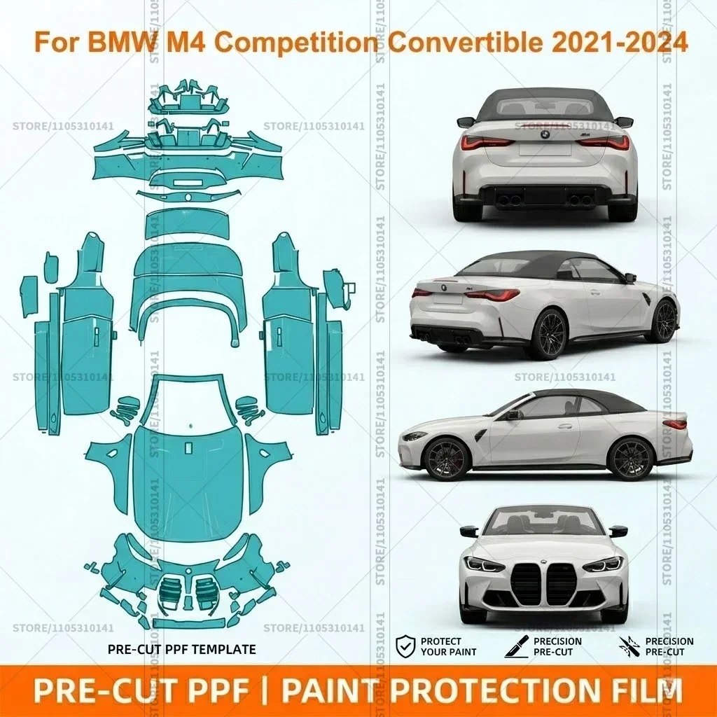 

Предварительно нарезанная защитная пленка PPF, прозрачная защита бампера, прозрачная пленка для автомобиля BMW M4 Competition Convertible 2021-2024-4