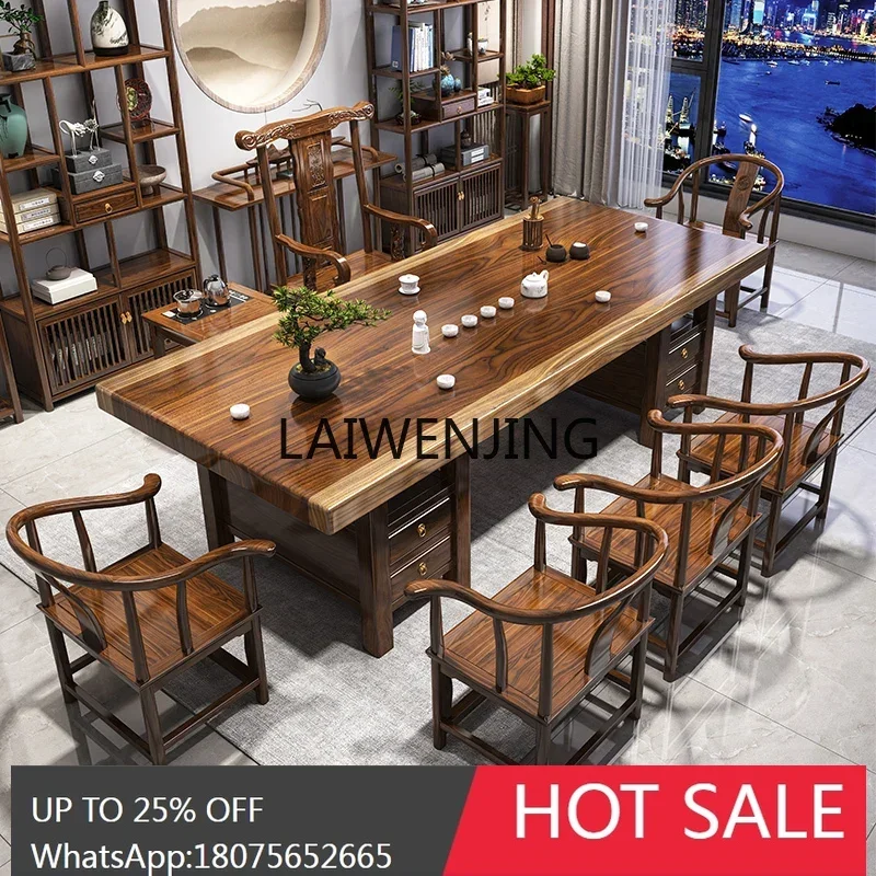 large board solid wood tea table and chair combination, one table and five chairs, new Chinese log simple tea table