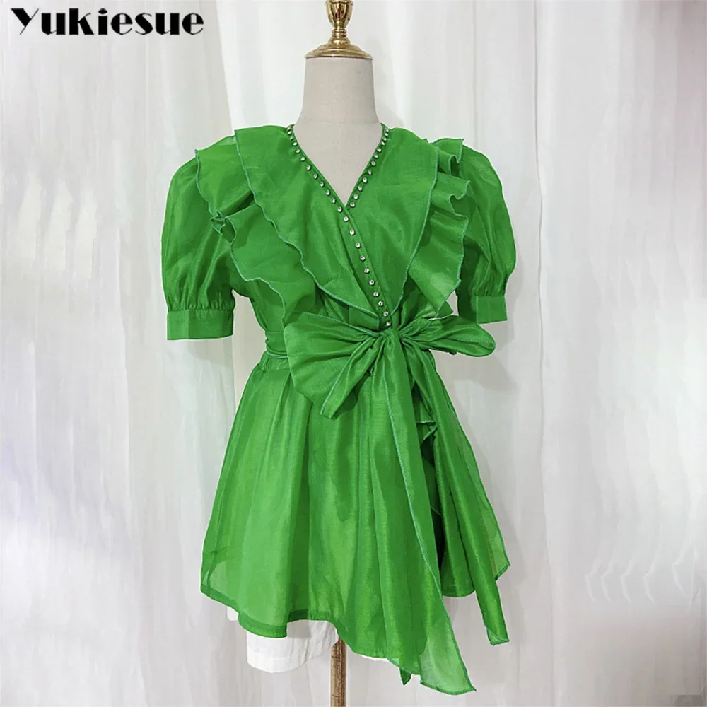 

Элегантные женские летние блузки, повседневные женские топы, женская рубашка, блузка, зеленый Blusas Blusa Feminina, топ с короткими рукавами и бисером