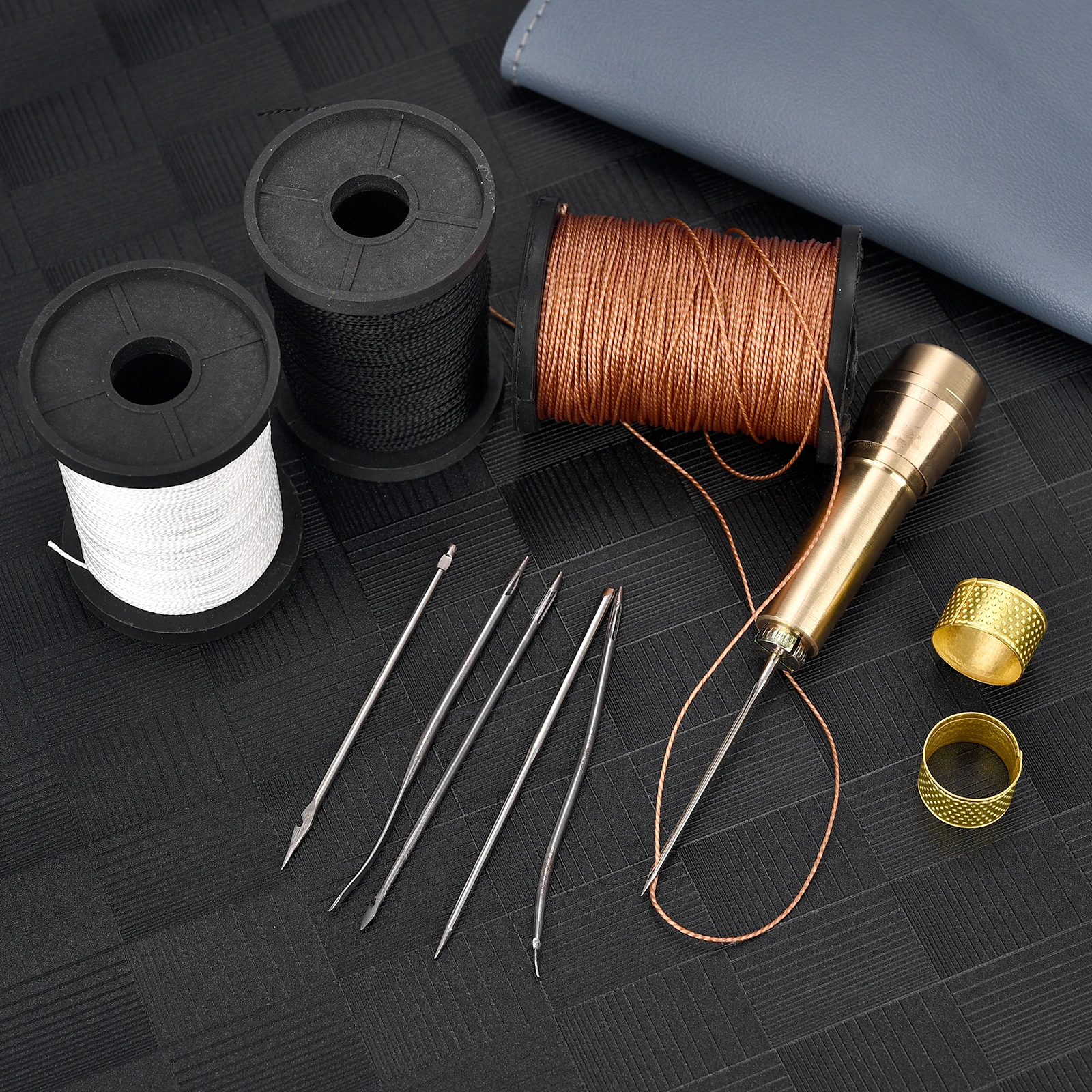 Leder-Nähset zum Selbermachen, Leder-Nähen, Ahle, Nadel mit Kupfergriff, Set aus Leder, Segeltuch, Zelt, Schuhe, Reparaturwerkzeug, 3-farbiges Faden