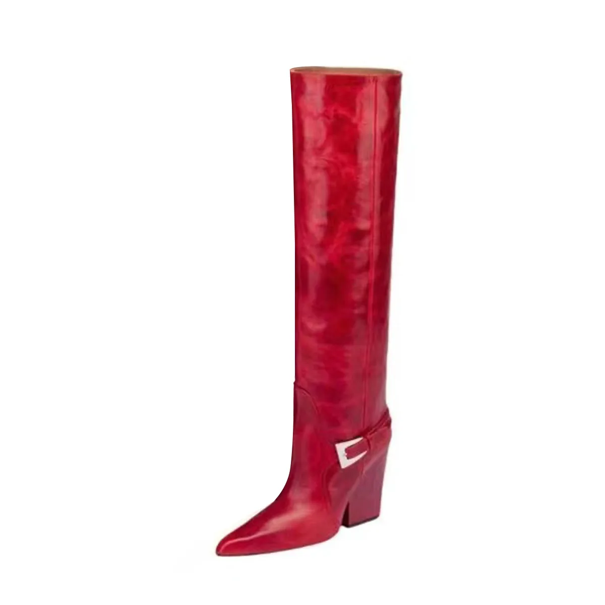 Arden Furtado Autumn red PU Belt buckle skinny boots Pointed toe pull-on Chunky heels Knee high boots extra large size