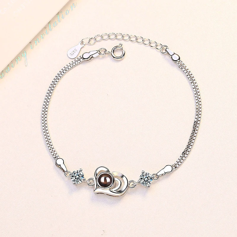 Bracelet de Projection de Photo Personnalisé en Argent Sterling 925, Bijoux Commémoratifs avec Image de Cœur, Je T'Aime