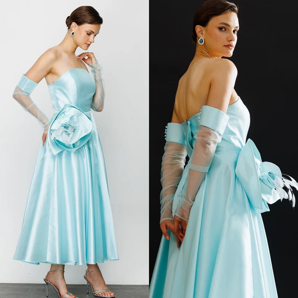 

Satin Handmade Flower Draped Button Quinceanera A-line Strapless Bespoke Occasion Gown Midi Dresses
