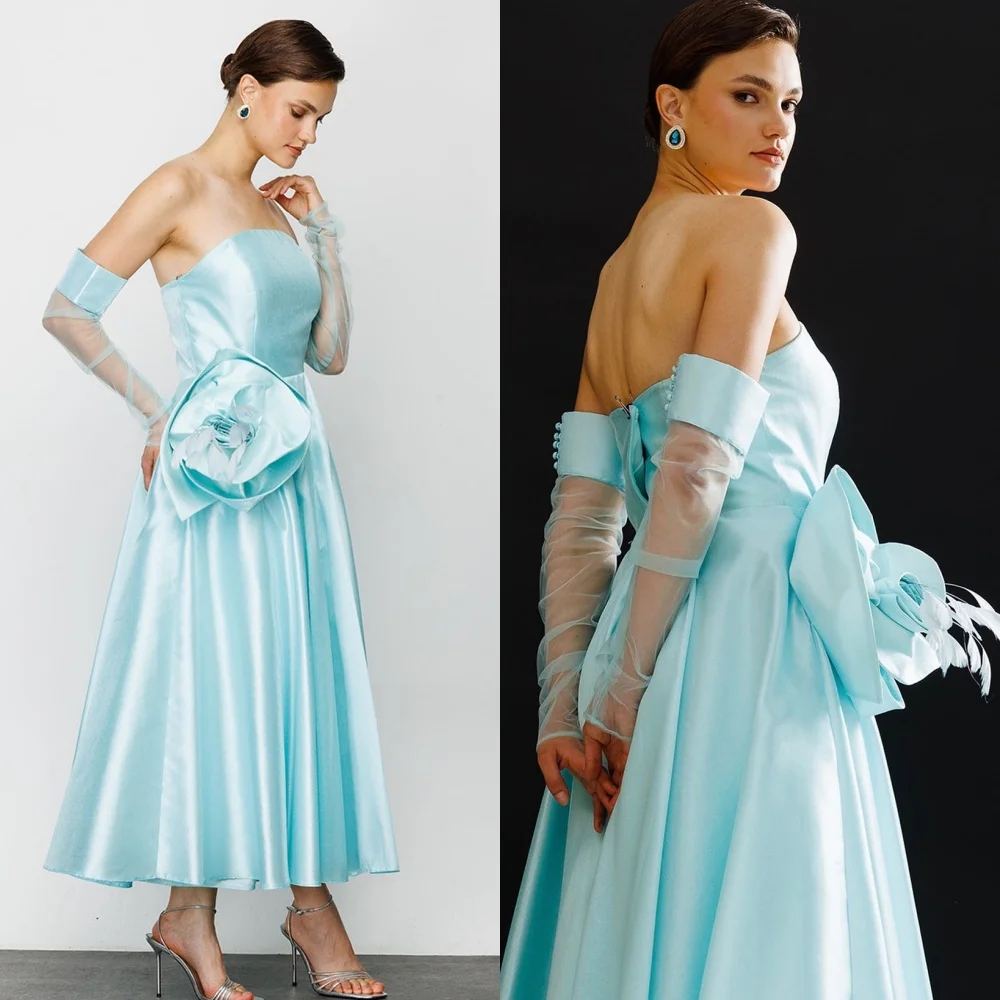 Customized Satin Handmade Flower Draped Button Quinceanera A-line Strapless Bespoke Occasion Gown Midi Dresses