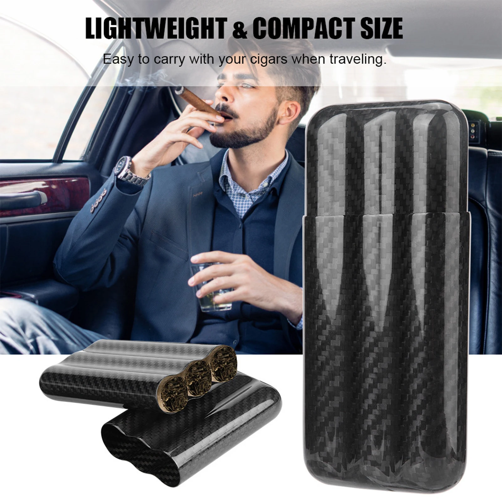 Étui à cigares de voyage en carbone, humidificateur pour cigares, boîte de rangement pour 3 tubes, étui de voyage