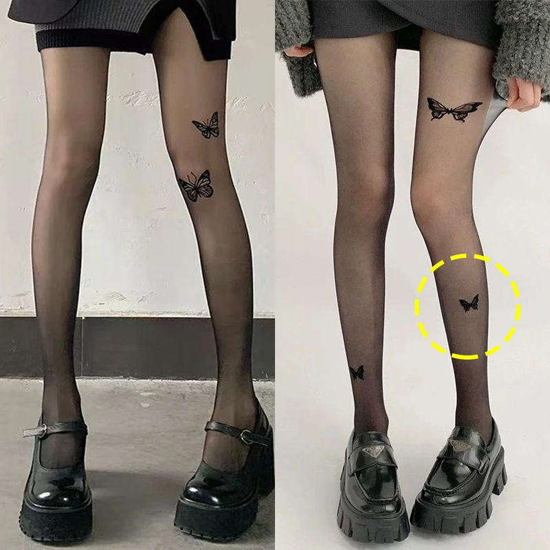 Sexy Elastic Stockings Women Black Butterfly Print Lingerie Black Transparent Tights Female Nylon Thigh High Hosiery Pantyhose