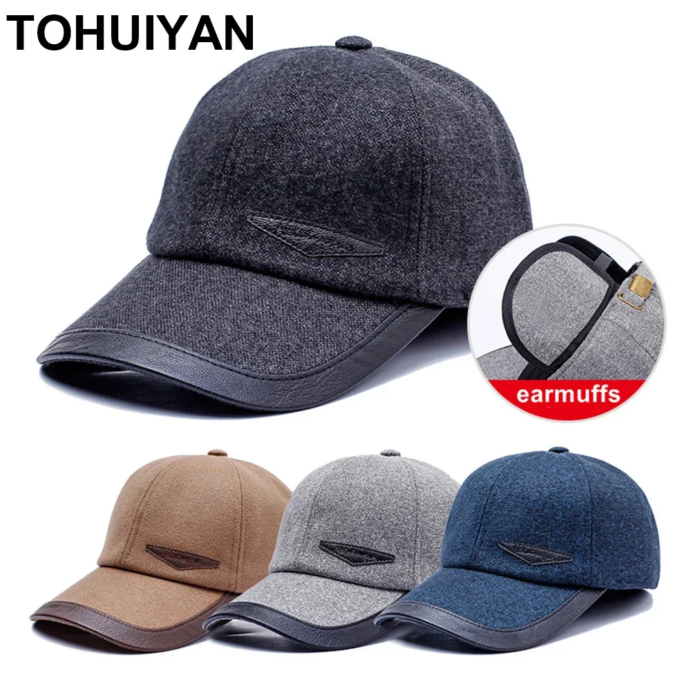 

TOHUIYAN 2021 Winter Woolen Cap Earmuffs Baseball Cap Man Adjustable Snapback Hat Autumn Dad Caps Hip Hop Casual Gorras Hombre