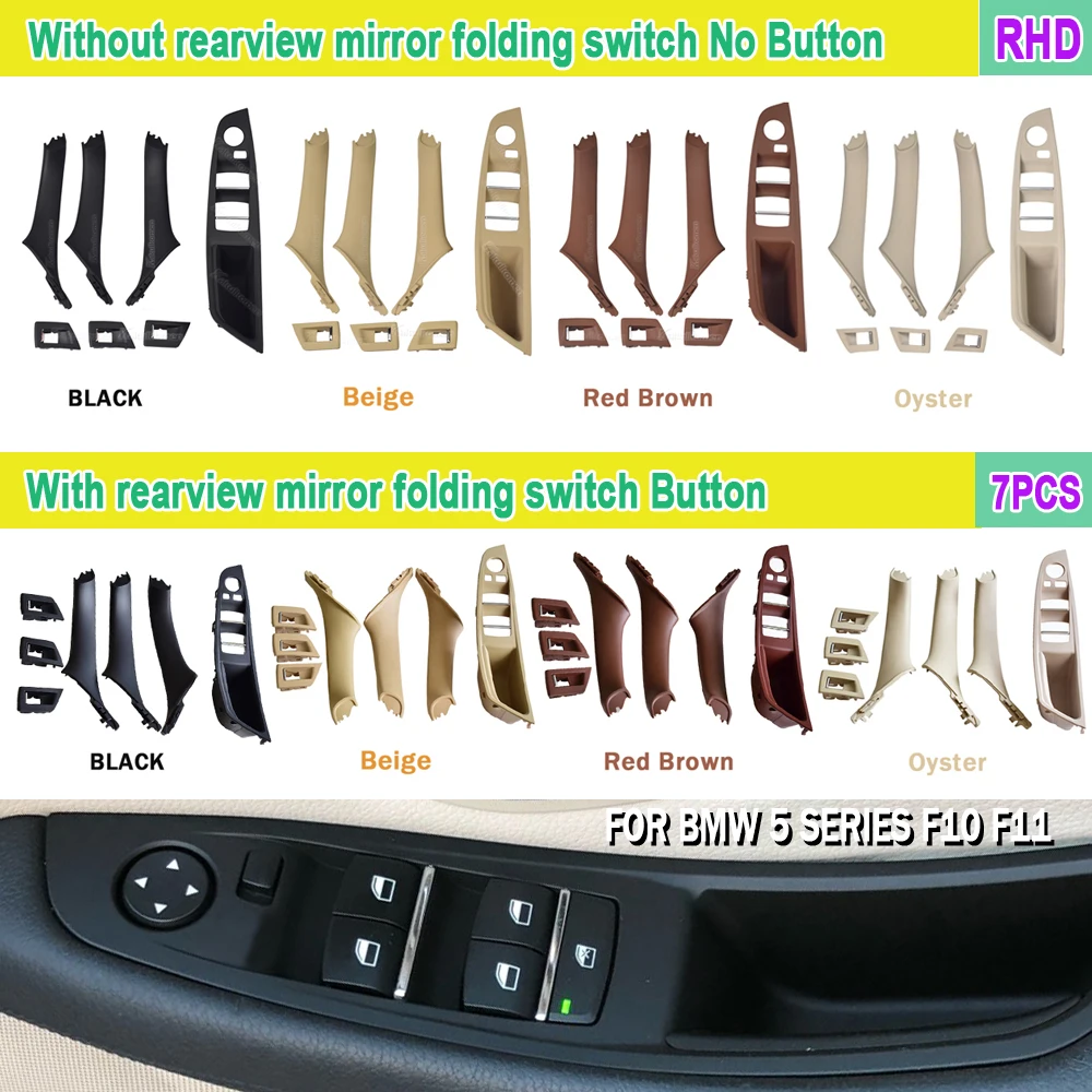 7PCS Right Hand Drive RHD For BMW 5 Series F10 F11 520 525 Black Car Interior Door Handle Inner Panel Pull Trim Cover Armrest