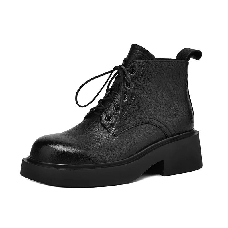 Genuine Leather Women Ankle Boots Lace Up Spring Autumn Sheepskin Woman Shoes Round Toe Mid Heel Winter Black Brown Retro Boots