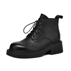 Genuine Leather Women Ankle Boots Lace Up Spring Autumn Sheepskin Woman Shoes Round Toe Mid Heel Winter Black Brown Retro Boots