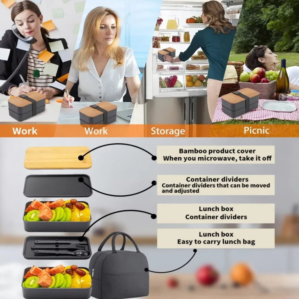 Bento-Lunchbox für Erwachsene, 2-stufiges Aufbewahrungsbehälter-Set für Lebensmittel mit Besteck für Kinder/Kinder, zerkleinerer, mikrowellengeeignet und spülmaschinenfest – Detail 6