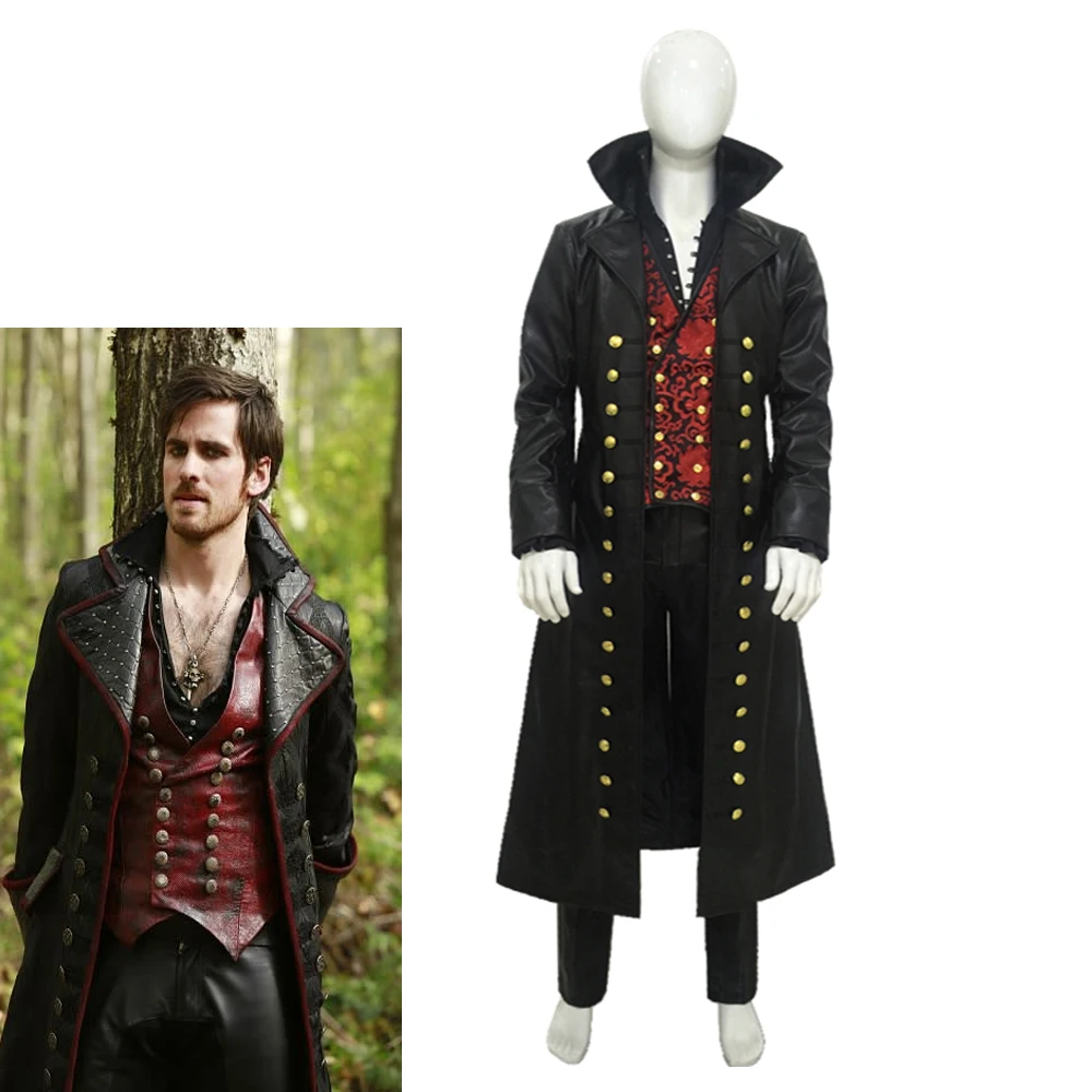 

Once Upon a Time Cosplay Captain Hook Costume Black Jacket Pants Full Set Halloween Carnival Role Play Outfits for Adult Men