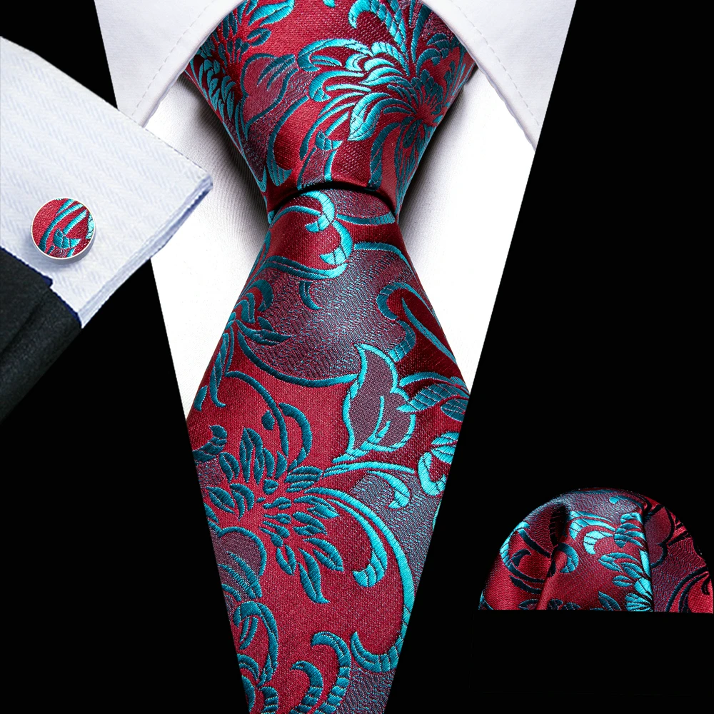 Fashion Silk Red Blue Teal Floral Men Tie Set Necktie Handkerchief Cufflinks Wedding Gift Barry. Wang Tie Pin Brooches A-6074