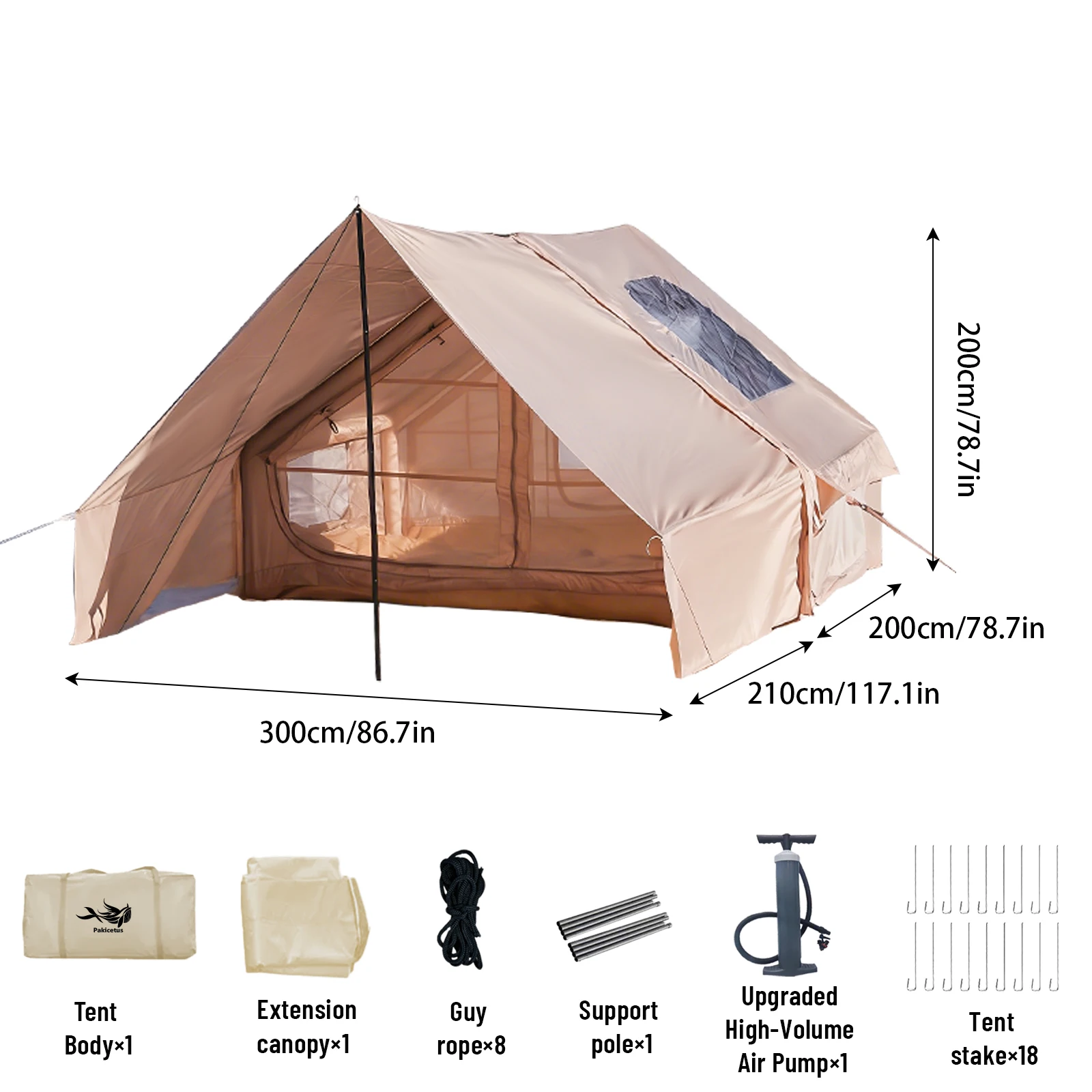 PAKICETUS Opblaasbare tent met dakraam, snel op te zetten opblaastenten met pomp, luxe familietent voor 4-6 personen voor buitengebruik