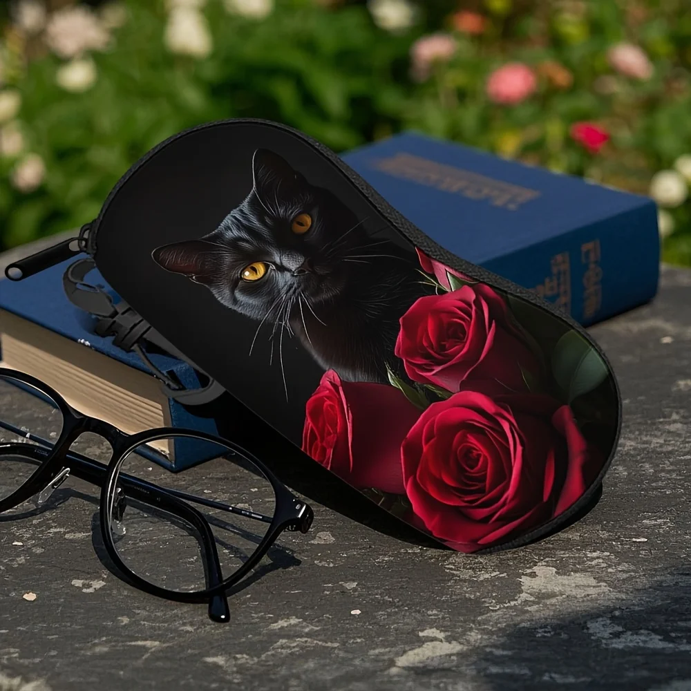 1pc, Functional Glasses Case with a Black Cat Design, Zippered Storage Box for Eyewear, Great Organizer for Glasses