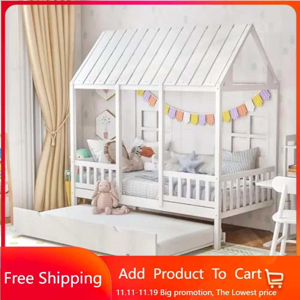 

Twin House Bed with Trundle, Kids Bed Frame with 82" Tall Roof, Windows and Guardrail, Wooden Playhouse Bed for Teens