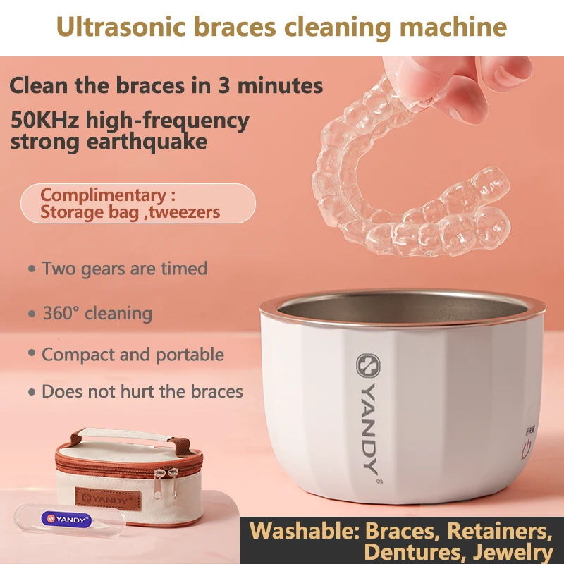 50000Hz mini ultrasonic cleaner, portable retainer, contact lenses, jewelry, denture cleaning machine, free tweezers storage box