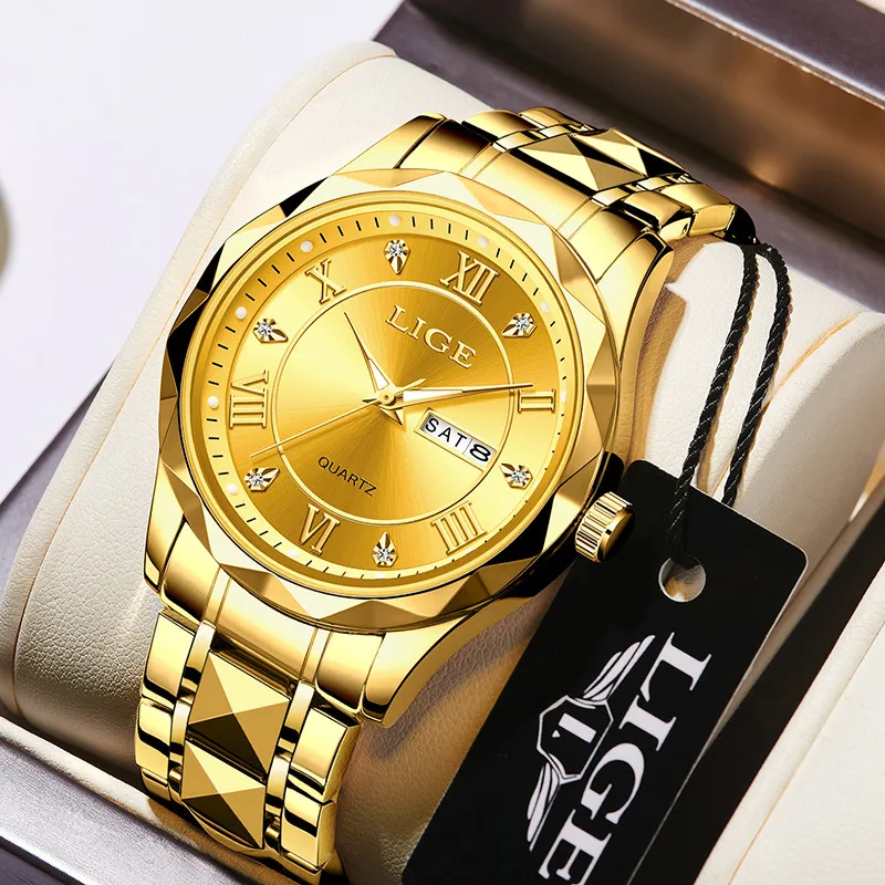 LIGE Ladies Wristwatch Luxury Waterproof Luminous Date Gold Watch For Women Dress Stainless Steel Quartz Women\'s Watches+Box