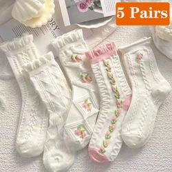 5 Paar süße Socken mit Blumenmuster, für Damen, Spitze, weiß, kurze Socken, süße Lolita, JK, gerüscht, Harajuku, Krean-Stil, mittlere Röhre, Baumwollsocken