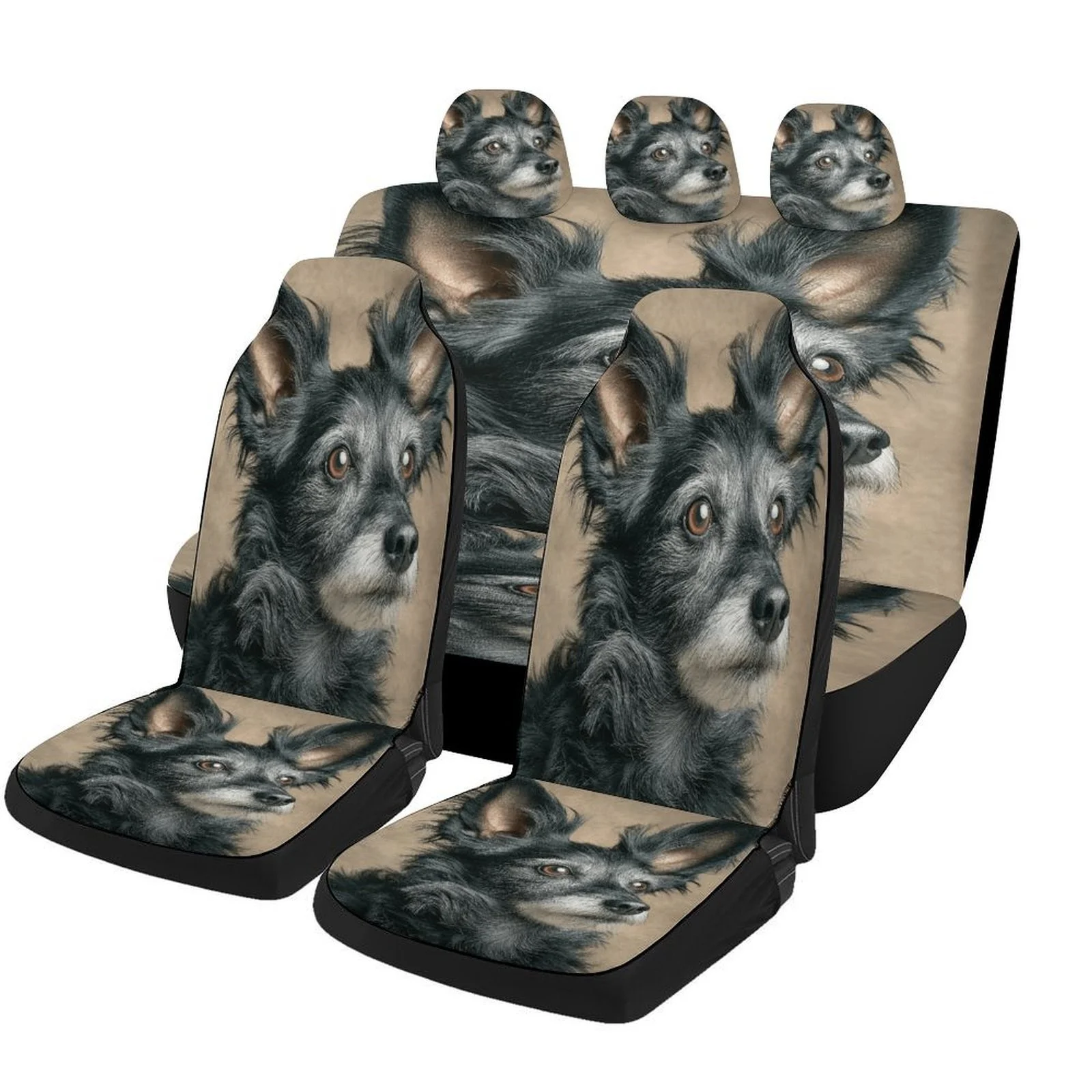 Set Of Car Seat Covers Featuring A Fluffy Dog Portrait, Designed For Various Vehicles. These Stylish And High-Quality Protectors