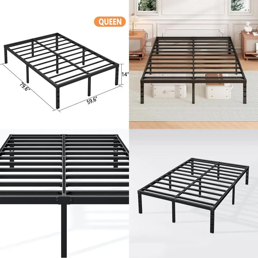 

Металлический каркас кровати Queen 14 — прочный, простая сборка, без коробчатой пружины, место для хранения вещей, черный