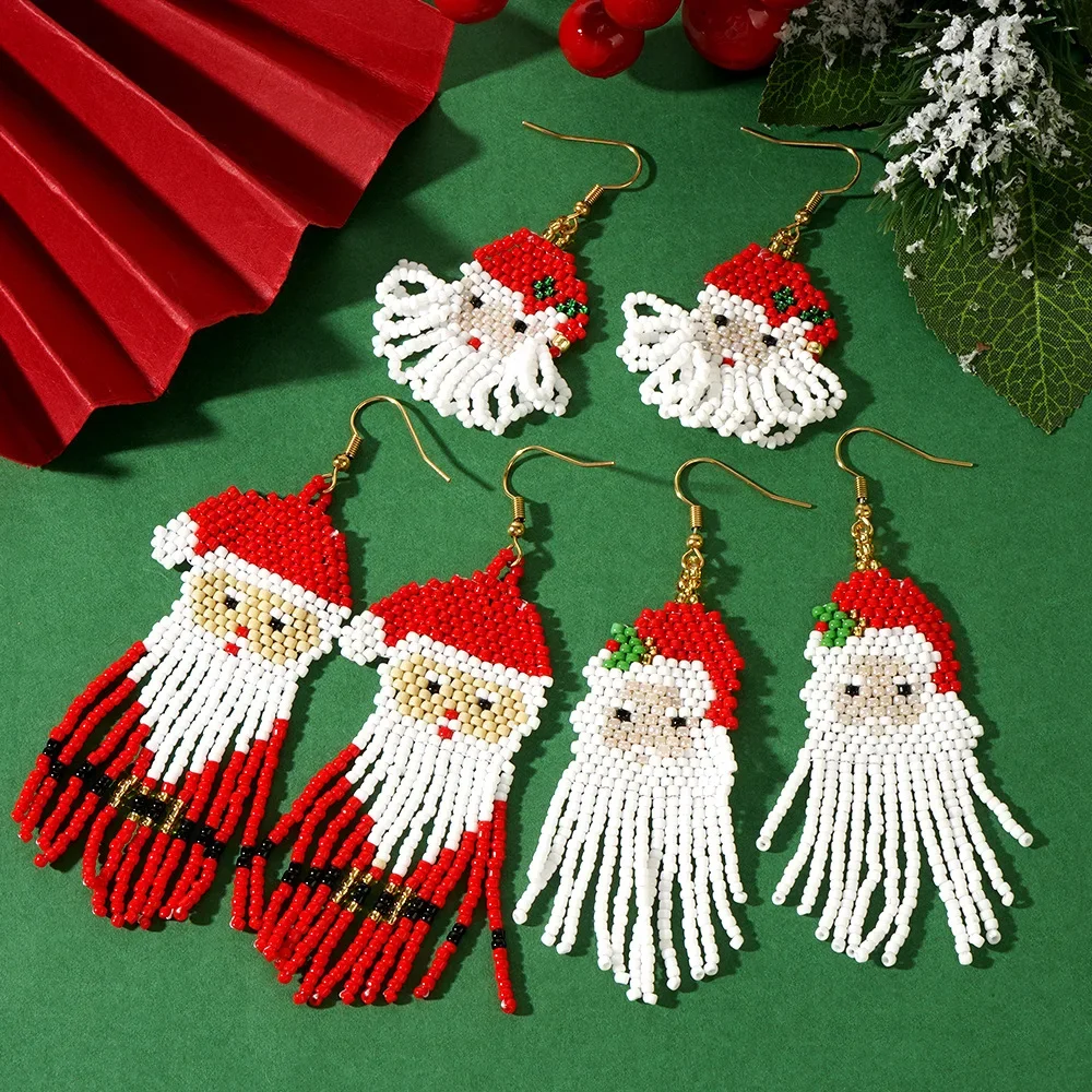 Beaded earrings Tassel Originality Christmas Santa Claus Design Hand knitting Bohemia Alloy Tide Simple Rice bead earrings