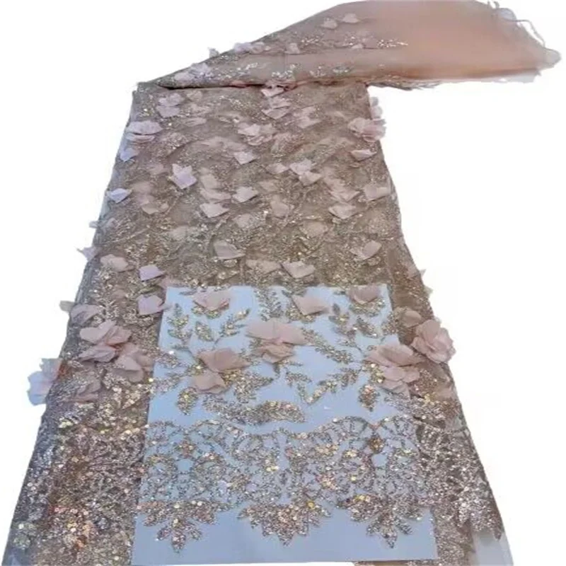 

Gold African Lace Fabric 2023 Pink High Quality Lace Nigerian Sequin Lace Fabric French 3D flower Beads Fabric For Wedding Dress