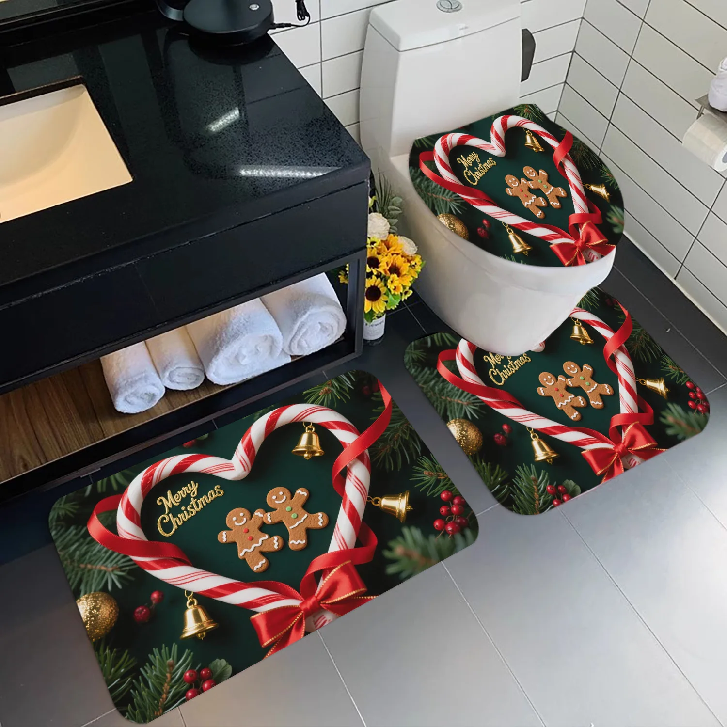 3‑Pieces Christmas Gingerbread Man & Candy Cane Bathroom Mat Set, Decor Rug Kit With Toilet Lid Cover & U‑Shaped Mat