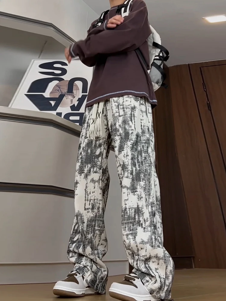 

Retro American Hiphop Men's Casual Pants Autumn Spring Water Ink Dye Wide Leg Straight Clean Leisure Trousers