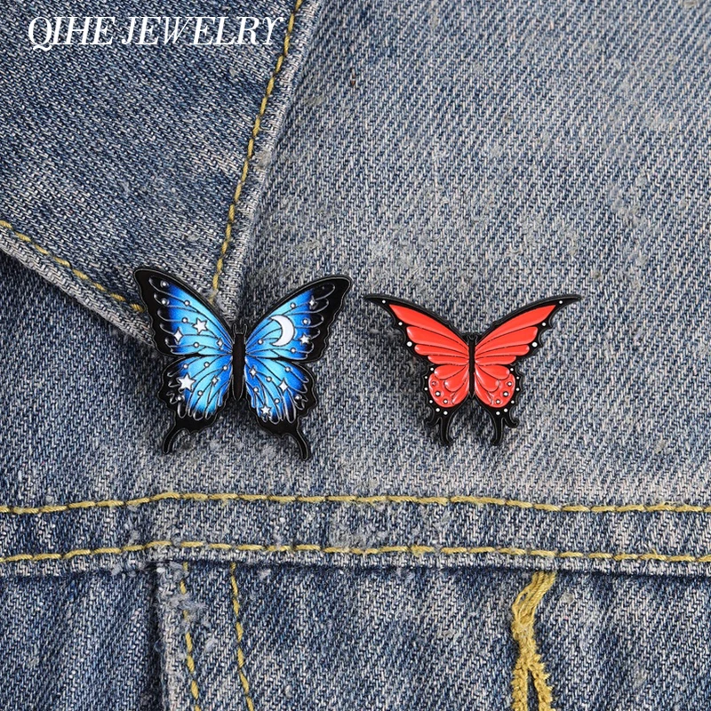 Mond-Stern-Blauer-Schmetterling & Flammen-Roter-Schmetterling Emaille-Anstecknadel Retro Traumhafter Schmetterling Brosche Reversnadel Taschenanstecker Schmuck Geschenk für Freunde