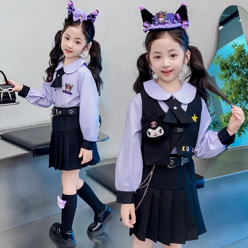 Miniso Kuromi Cos Clothes Autumn New Children College Wind Jk Long-Sleeved Vest Set Three-Piece Kawaii Girls Stage Costume Gift