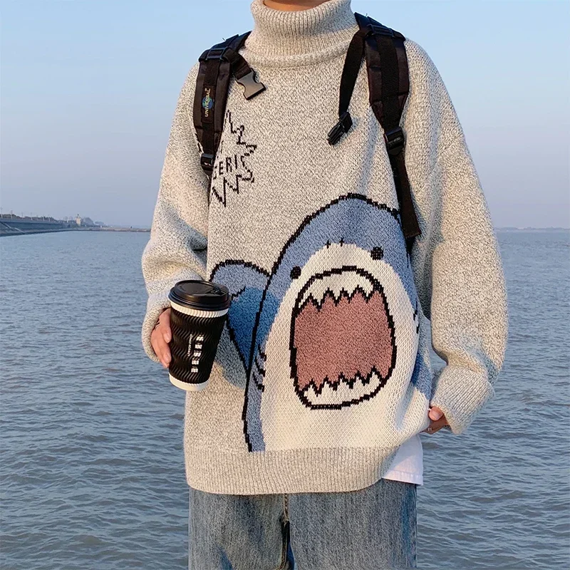 

Men Turtlenecks Shark Sweater Men 2024 Winter Patchwor Korean Style High Neck Oversized Grey Turtleneck E656