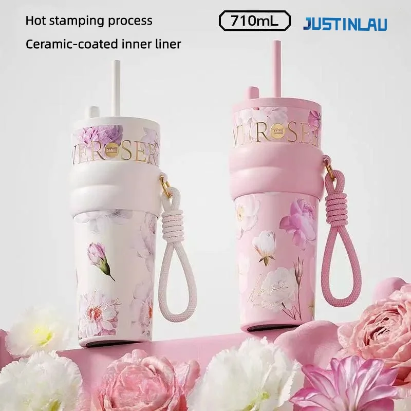 

JUSTINLAU Thermos Cup Double Drink Vacuum Flask Stainless Steel Ceramic-coated Inner Liner Coffee Cup Portable Car Straw Cup