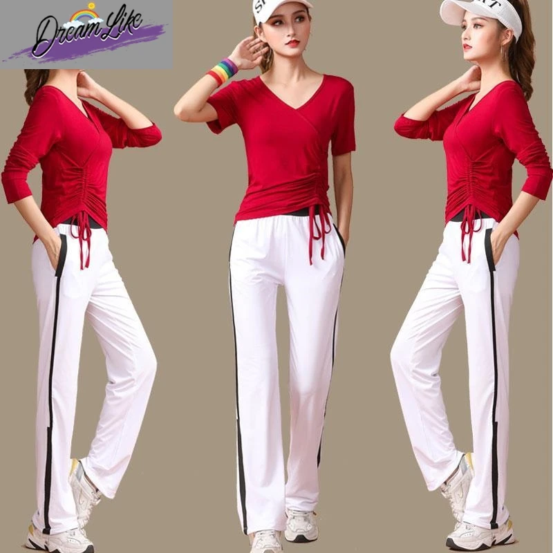 

Summer New Women's Fitn Dancewear Cotton ort Sve Sportswear Set Square Dance orm Pure Cotton Sportswear