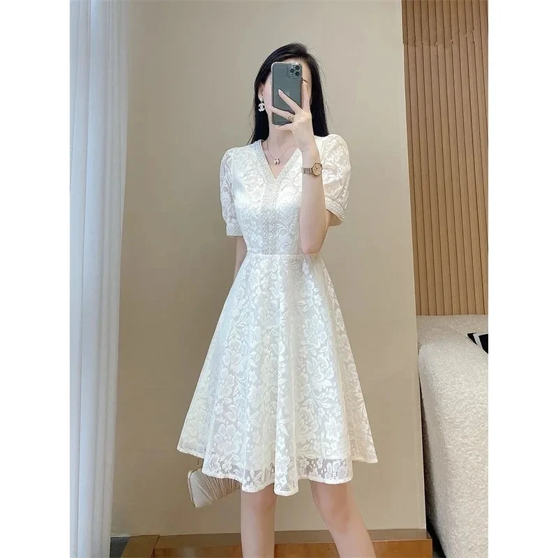 

2024 Summer New White Dress Short Sleeve V-Neck Lace A-Line Solid Dresses Womens Plus Size Elegant Fashion Office Lady Vestidos