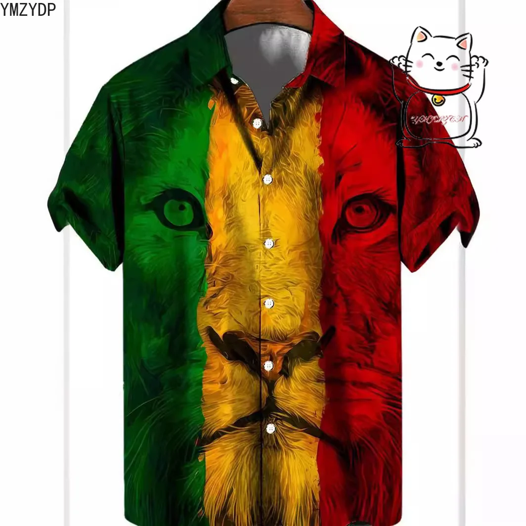 قميص رجالي مطبوع ثلاثي الأبعاد على شكل أسد عصري بأكمام قصيرة ورقبة على شكل حرف V وأزرار لأعلى قميص تنكري ملابس تنكرية عالمية