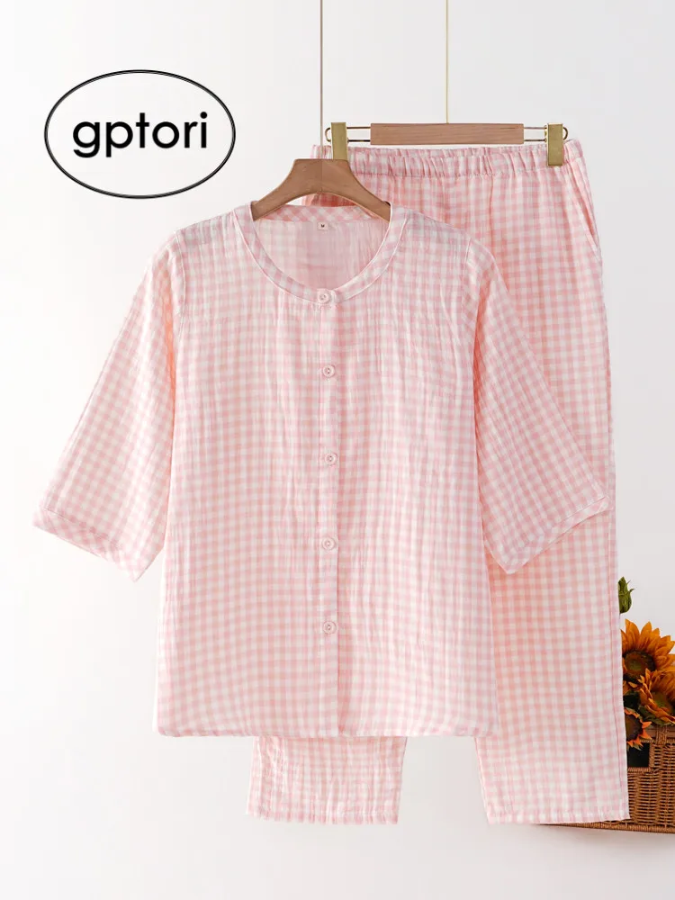 GPTORI Women's Summer Lightweight Pure Cotton Flannel Sleepwear Short Sleeve Nine-Piece Pants Home Clothes round Neck Design