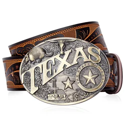 Men's Western Embossed Belt Golden Cowboy Longhorn Bull Pattern Floral Engraved Buckle Men Belts Luxury Designer Leather Strap