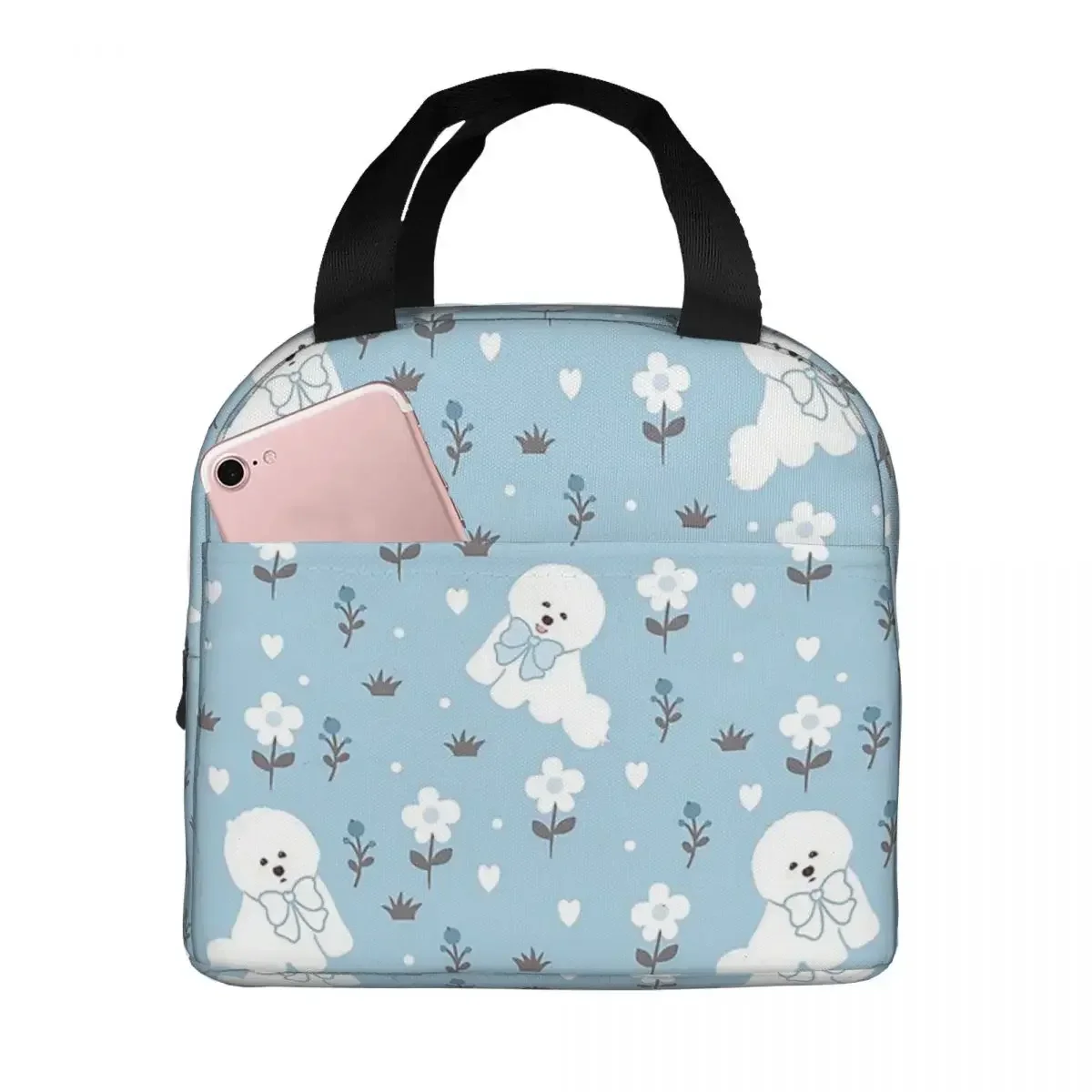 Lunch Bag for Men Women Bichon Frise In Winter Snowy Garden Insulated Cooler Bag Waterproof Work Polyester Lunch Box Bento Pouch