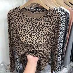 Trend Long Sleeve T Shirts Women's Spring Autumn New Leopard Print O-neck Slim All-match Vintage Tops Fashion Casual Clothing