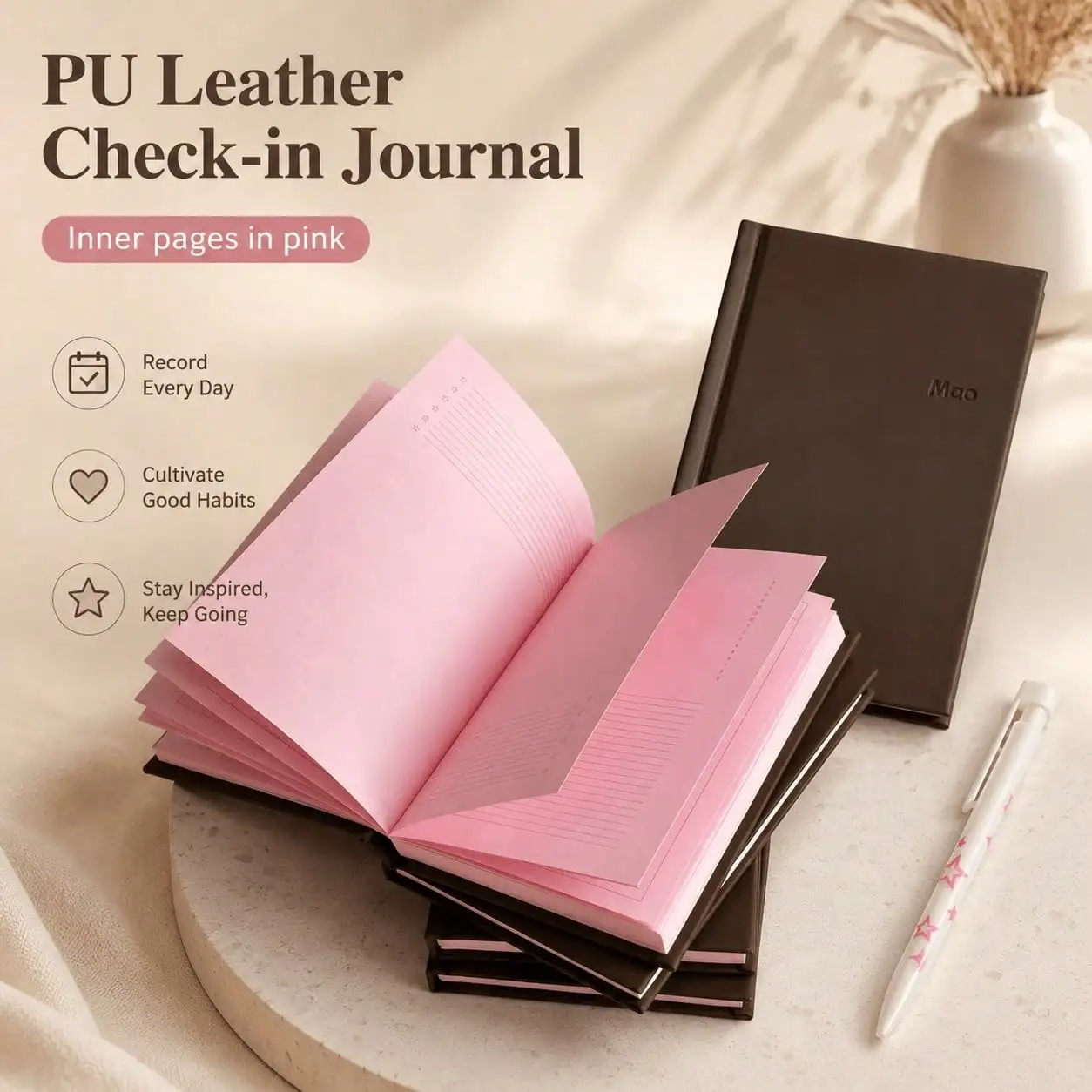 A6 PU Leather Habit Tracker Journal Notebook Daily Check in Record Book 4 Pastel Colored Inner Pages Portable Goal Planner