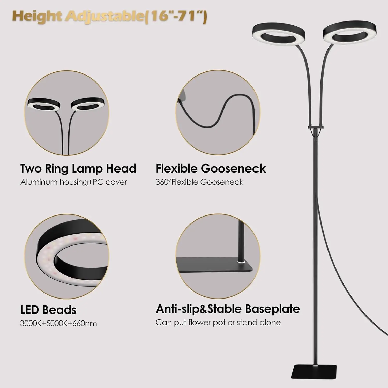 ضوء النمو مع حامل، ضوء نباتي LED برأسين للنباتات الداخلية، مصباح نمو كامل الطيف، مؤقت 3/9/12 ساعة، 6 أوراق عكس الضوء #5