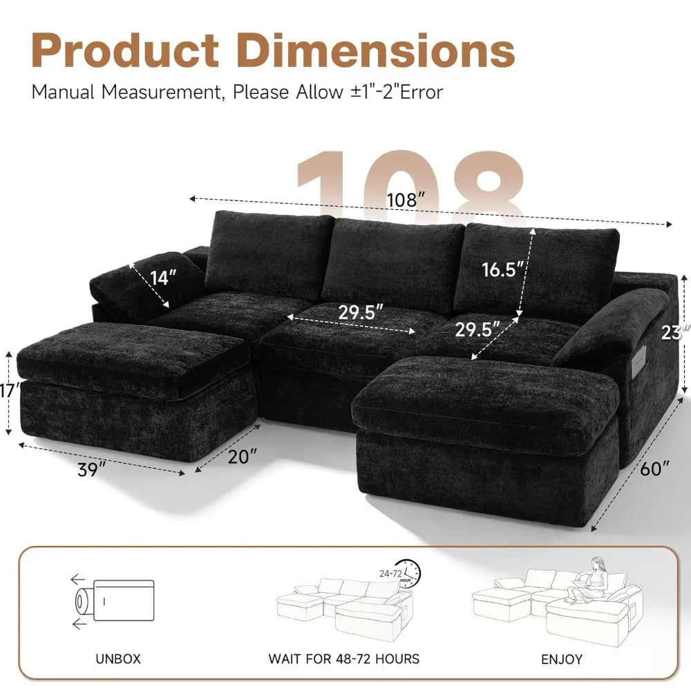 Cloud sofa living room modular sectional sofa, U-shaped boneless sofa with deep seat