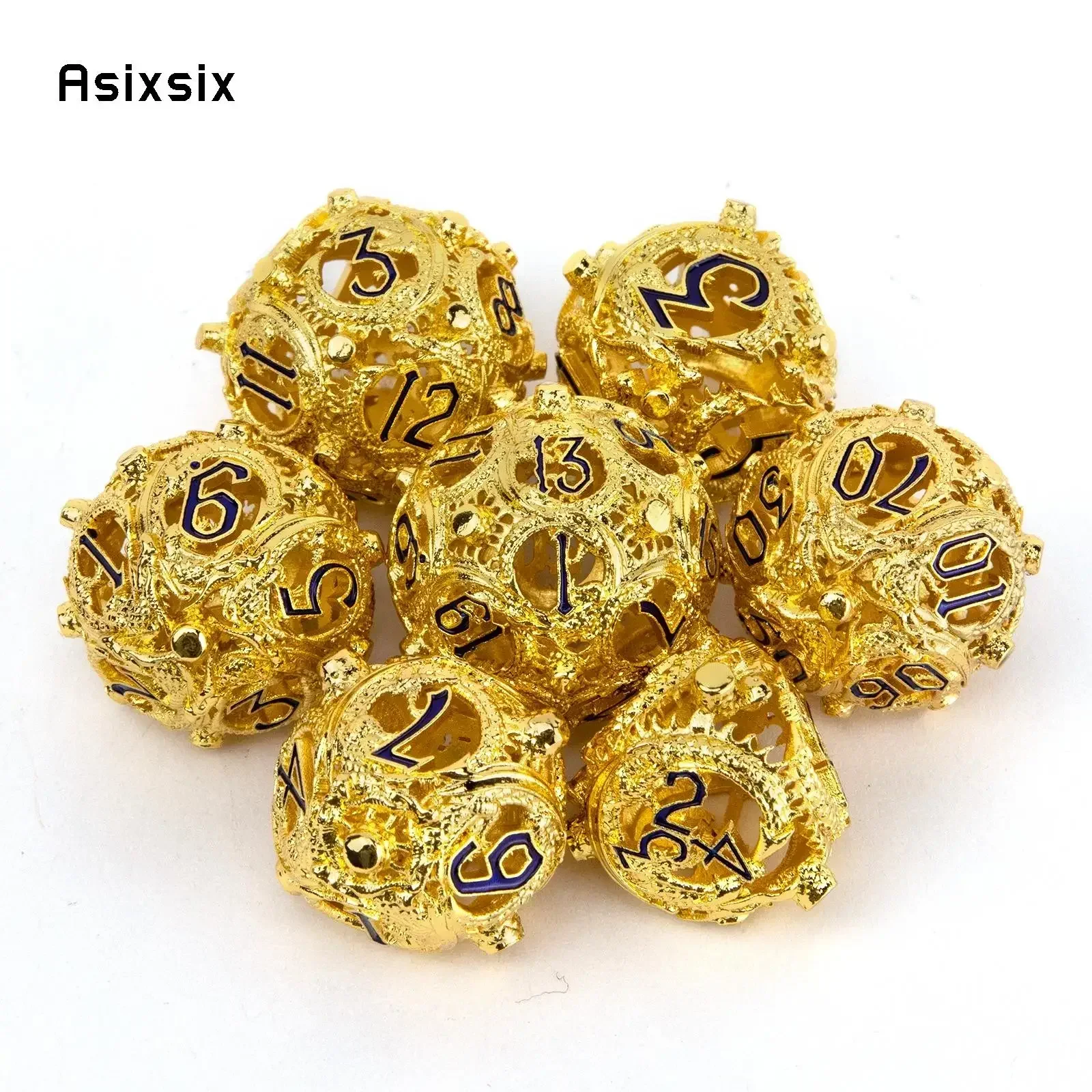 

7 Pcs Golden Black Circular Dragon Metal Dice Hollow Metal Polyhedral Dice Suitable For Role-Playing Dice PropBoard Game Gift