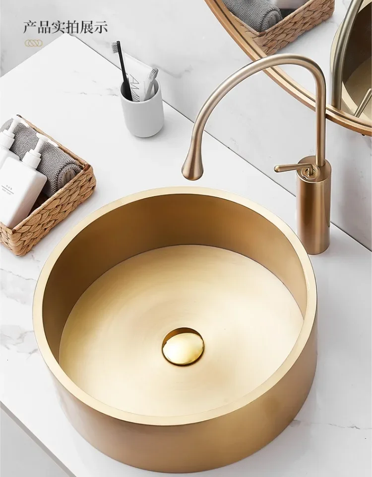 Gold stainless steel countertop basin Hotel bathroom wash basin Black round art wash face basin Antique