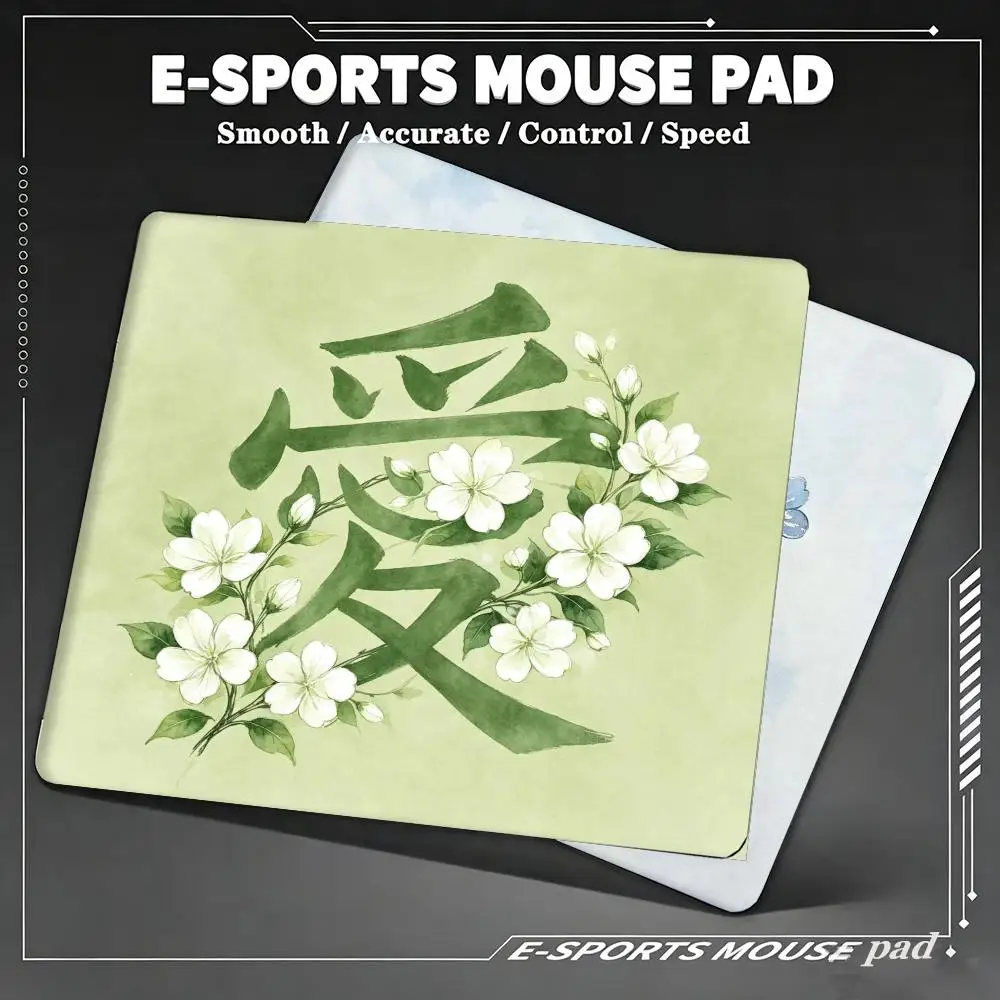 Light Green Watercolor Chinese Love Calligraphy MousePad Fresh Jasmine Floral Medium Gaming Mousepad NonSlip Rubber Gamer Office