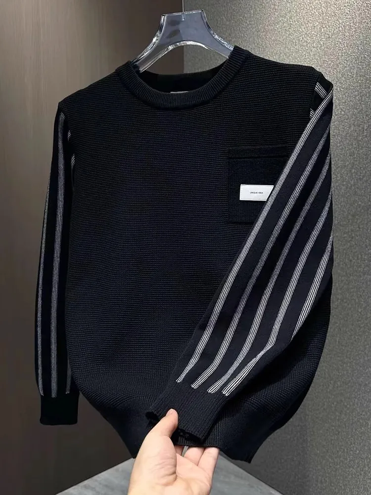 

Slim Fit Stripe Knit Sweater Men's Overhead Winter New Sle Splicing Pattern Casual Long Sve round Ne Knitted irt